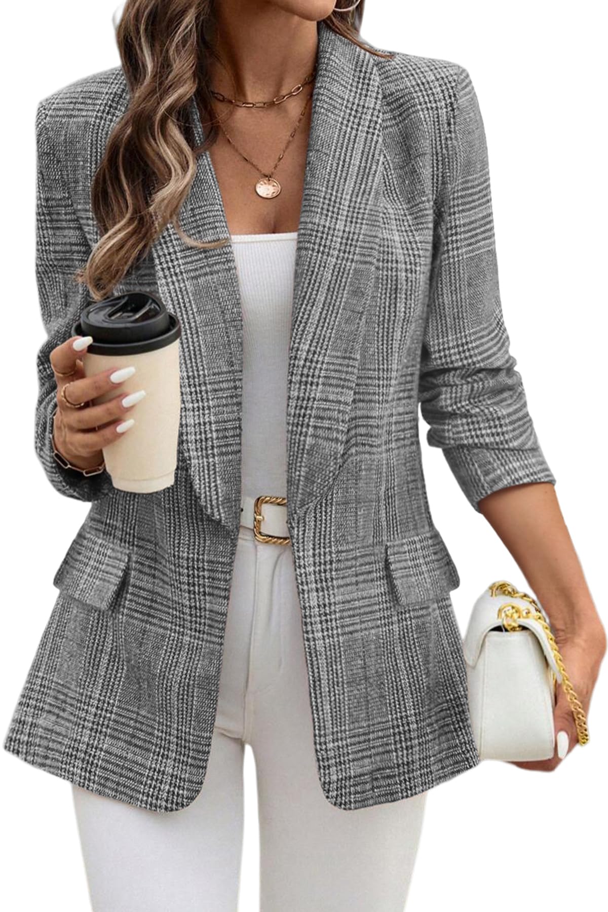 ELLEVEN Women's Shawl Collar Plaid Blazer