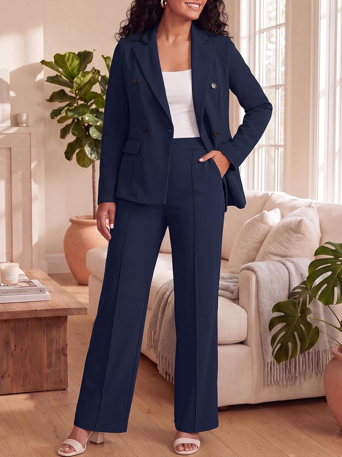Ophestin Women's 2 Piece Suits Double Breasted Blazer Pants Suits Set