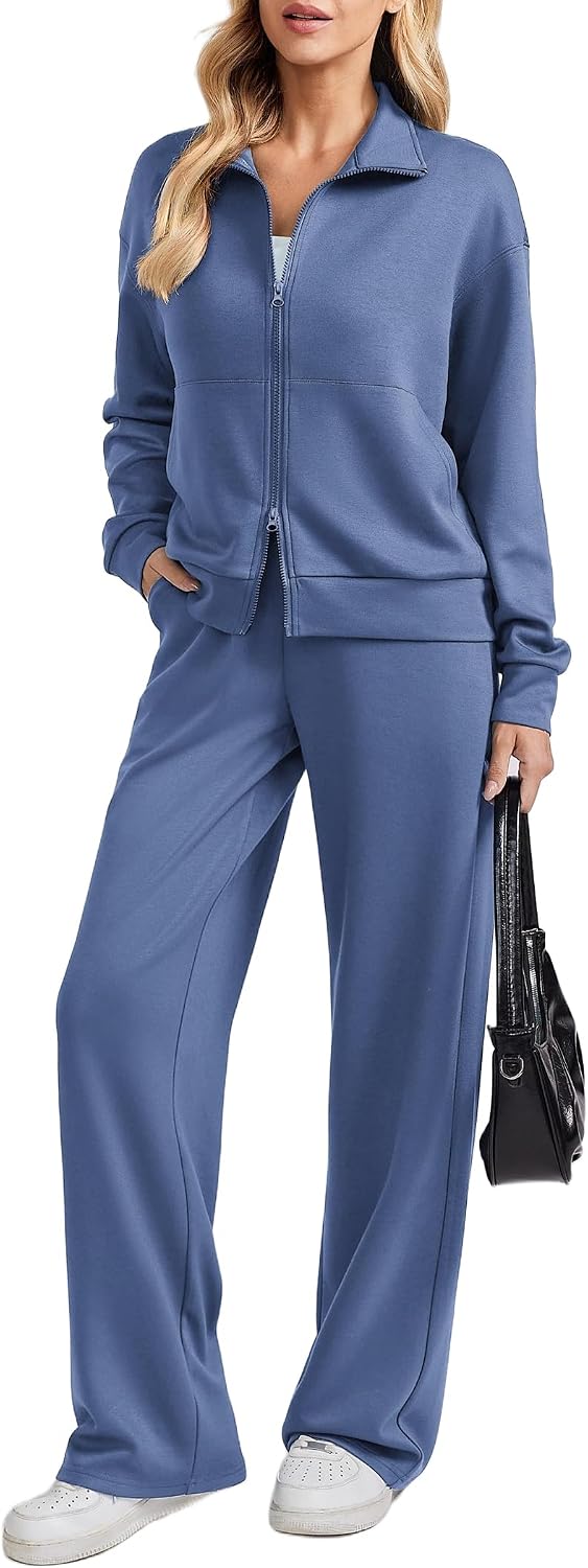 PINSPARK 2 Piece Sets for Women Two-Way Zip Top Wide Leg Pants Tracksuit
