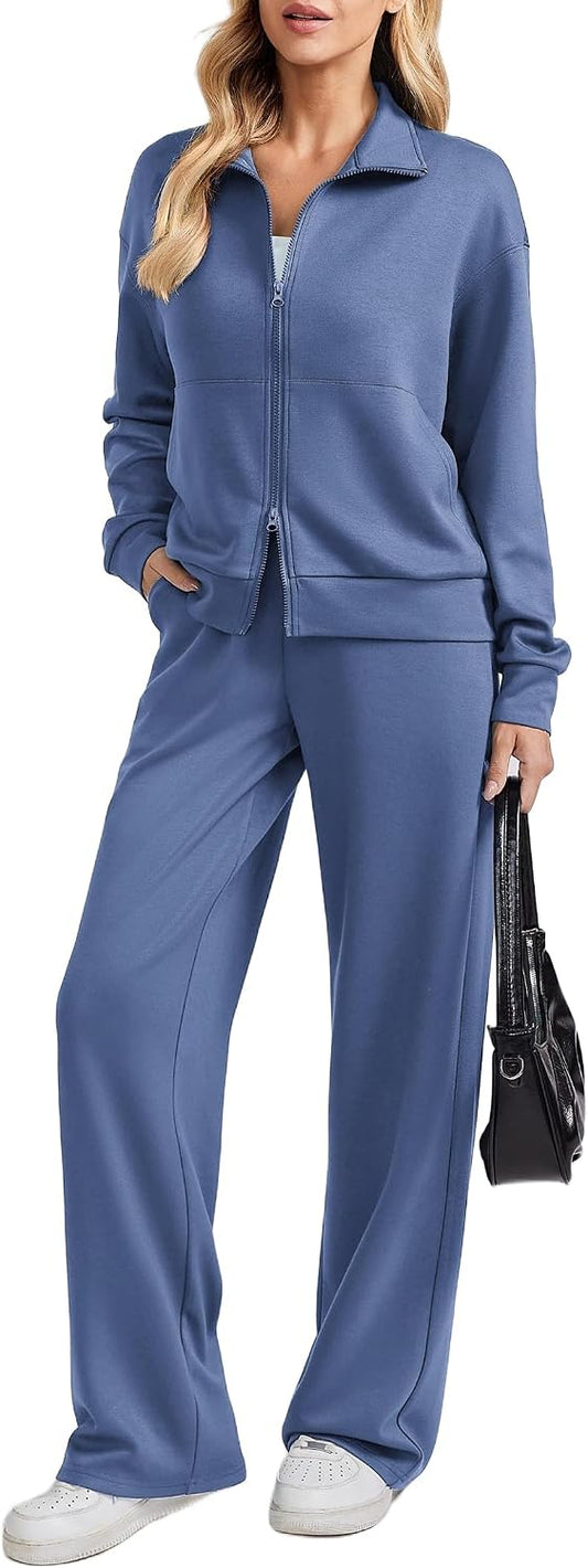 PINSPARK 2 Piece Sets for Women Two-Way Zip Top Wide Leg Pants Tracksuit