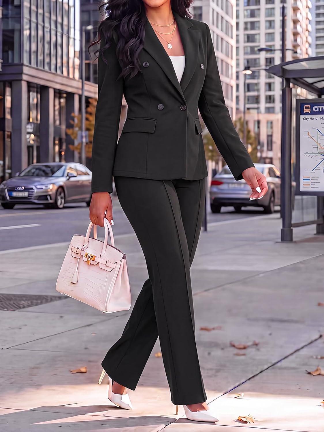 Ophestin Women's 2 Piece Suits Double Breasted Blazer Pants Suits Set