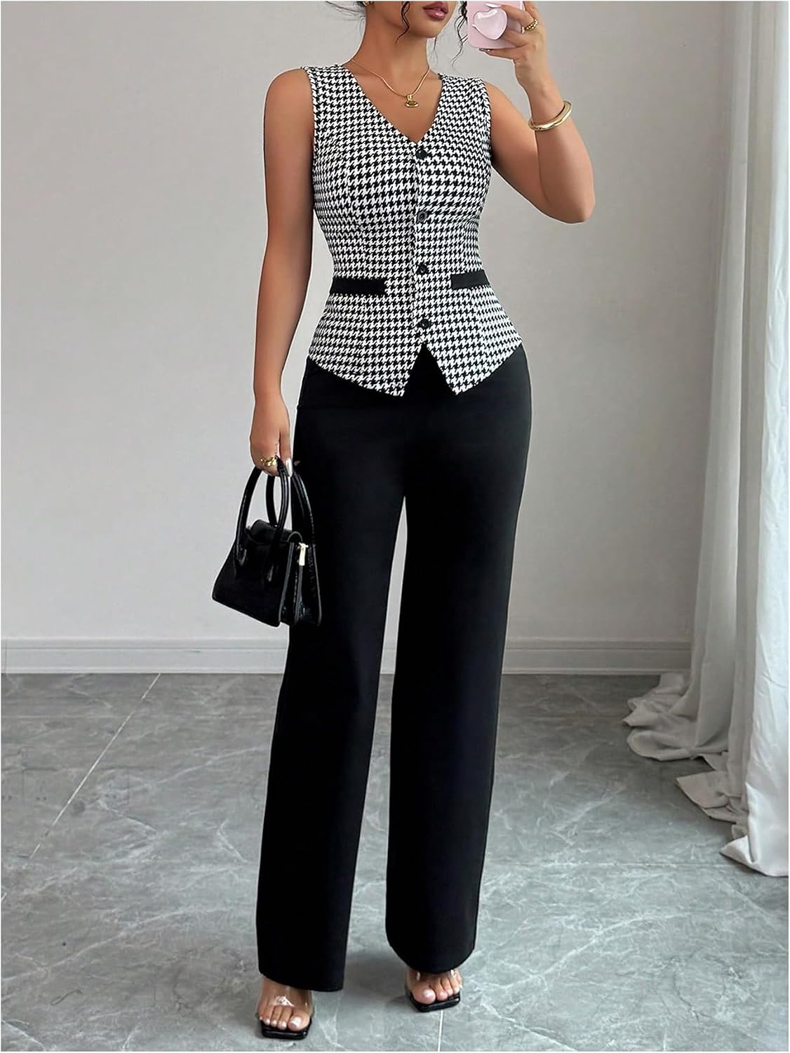 SOLY HUX Women's 2 Piece Plaid Houndstooth Sleeveless Vest Pants Set