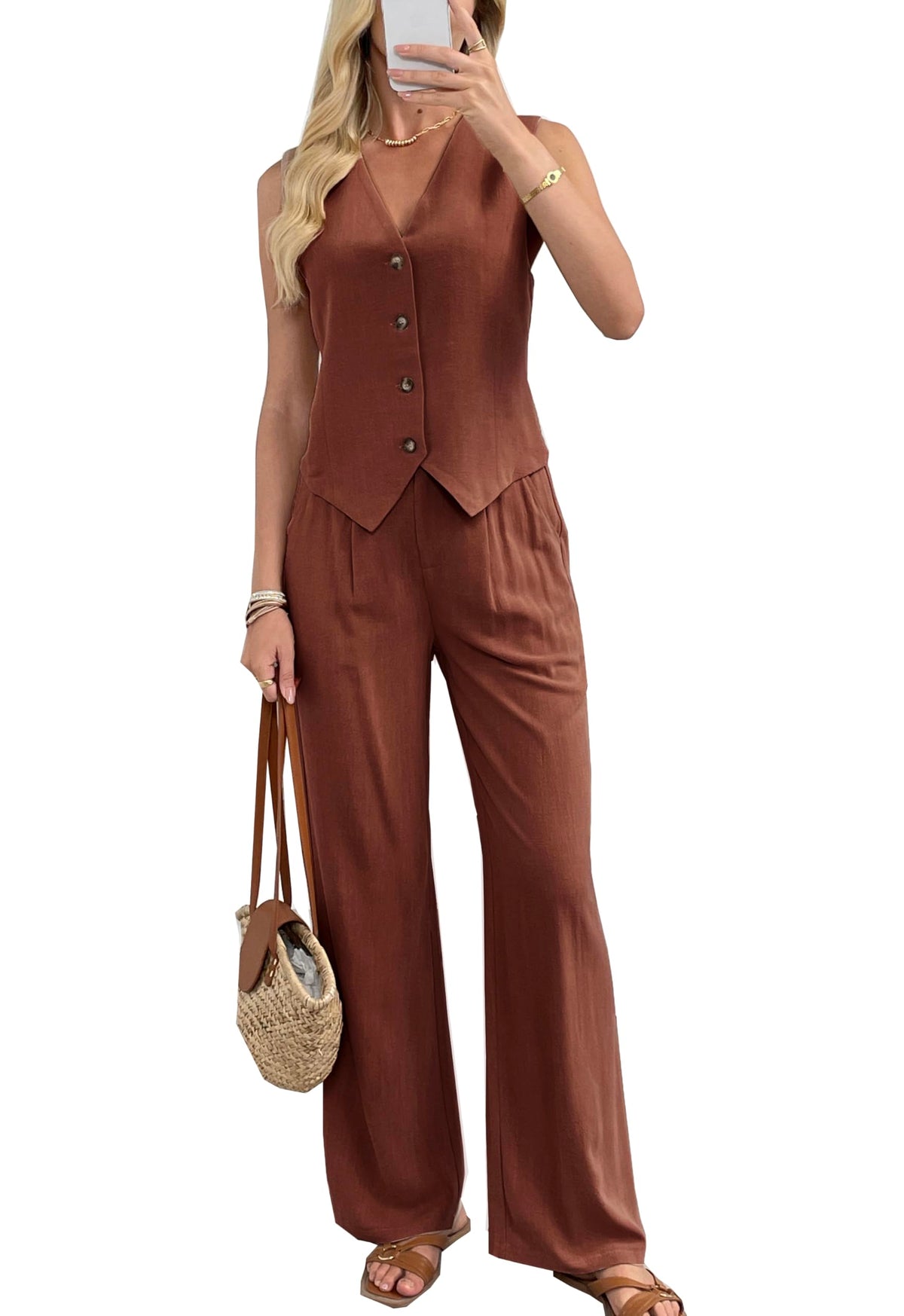 Women's 2 Piece Outfits Linen Vest Waistcoat Dressy Casual Sets Wide Leg Pants Suits