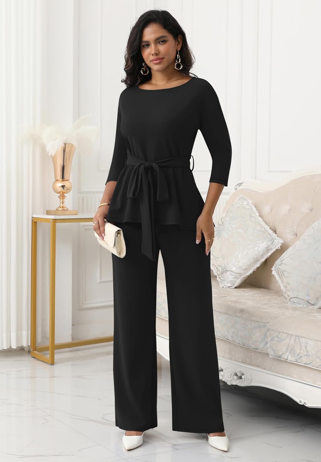 CLOCOR Women 2 Piece Outfits Suit Business Pants Set Peplum Top Flared