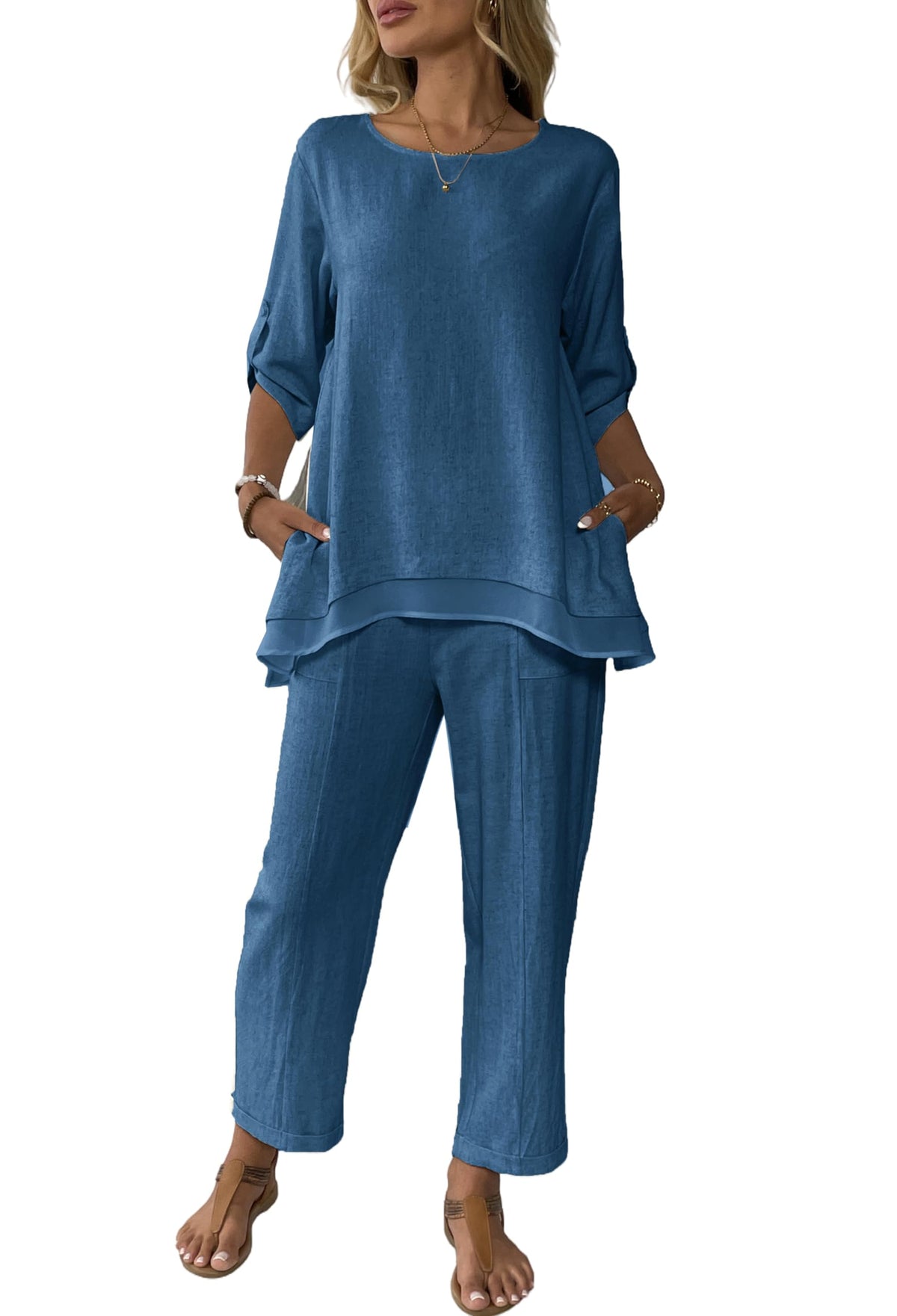 Women's Linen 2 Piece Outfits Rolled Sleeves Tops Wide Leg Trouser Pants Suits Summer Casual Dressy Linen Sets