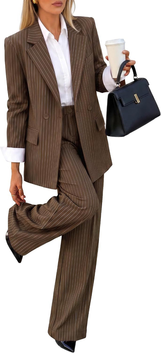 ZESICA Women's 2 Piece Striped Suit Sets Business Casual Outfits