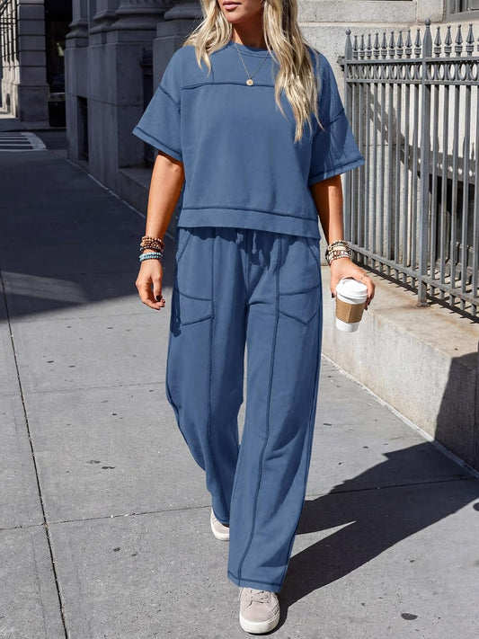 Fisoew Womens 2 Piece Outfits Lounge Sets Short Sleeve Tops and Wide Leg Pants Travel Vacation Casual Matching Sets