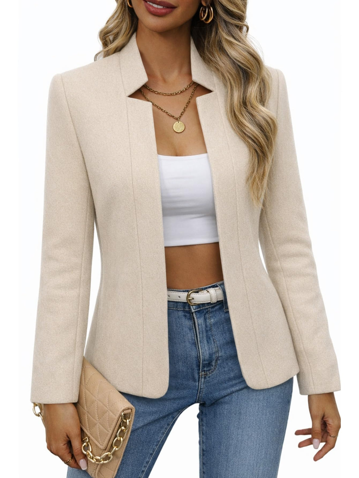Mina Self 2026 Fall Women's Open Front Tweed Blazer,Plaid Fitted Jacket