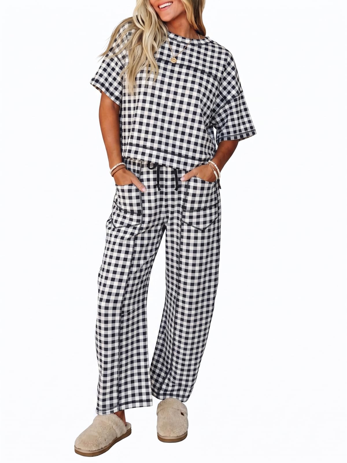 Fisoew Womens 2 Piece Outfits Lounge Sets Short Sleeve Tops and Wide Leg Pants Travel Vacation Casual Matching Sets