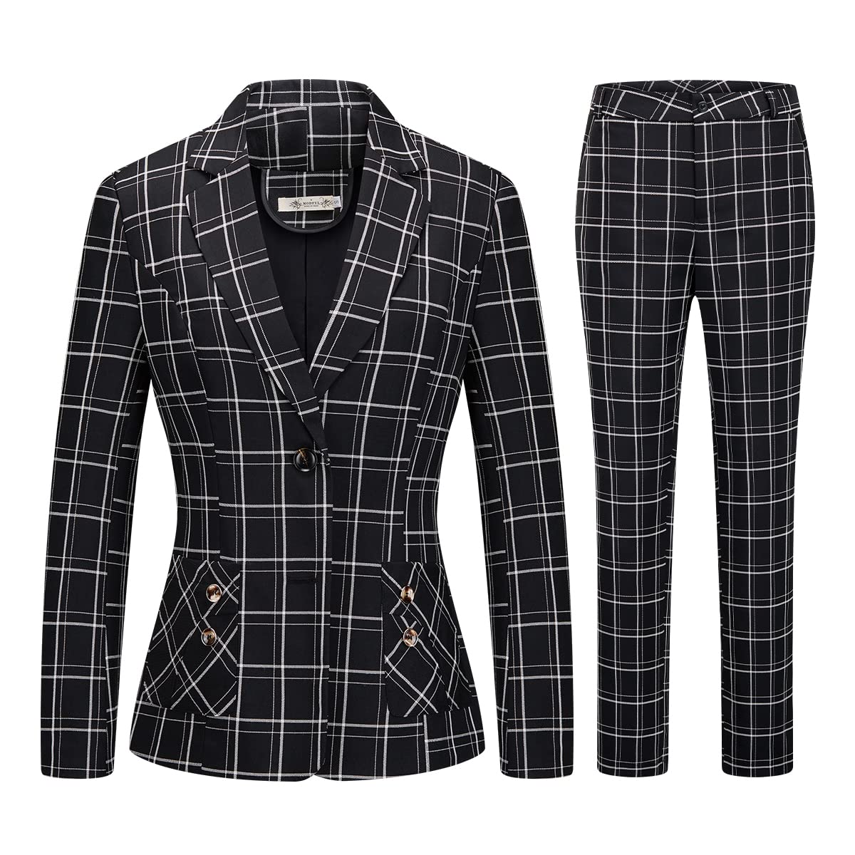 MODFUL Women's 2-Piece Plaid Business Suit Blazer&Pants Set