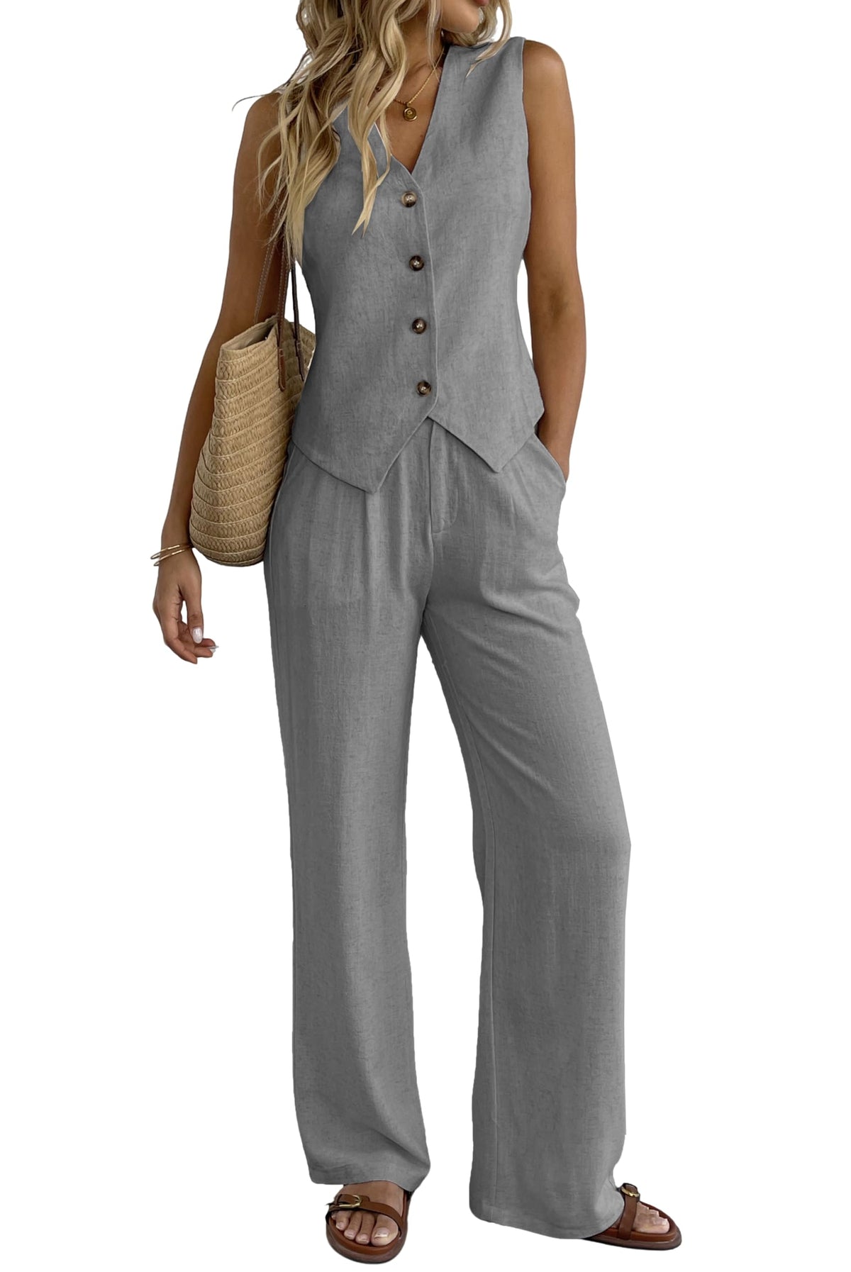 Women's 2 Piece Outfits Linen Vest Waistcoat Dressy Casual Sets Wide Leg Pants Suits