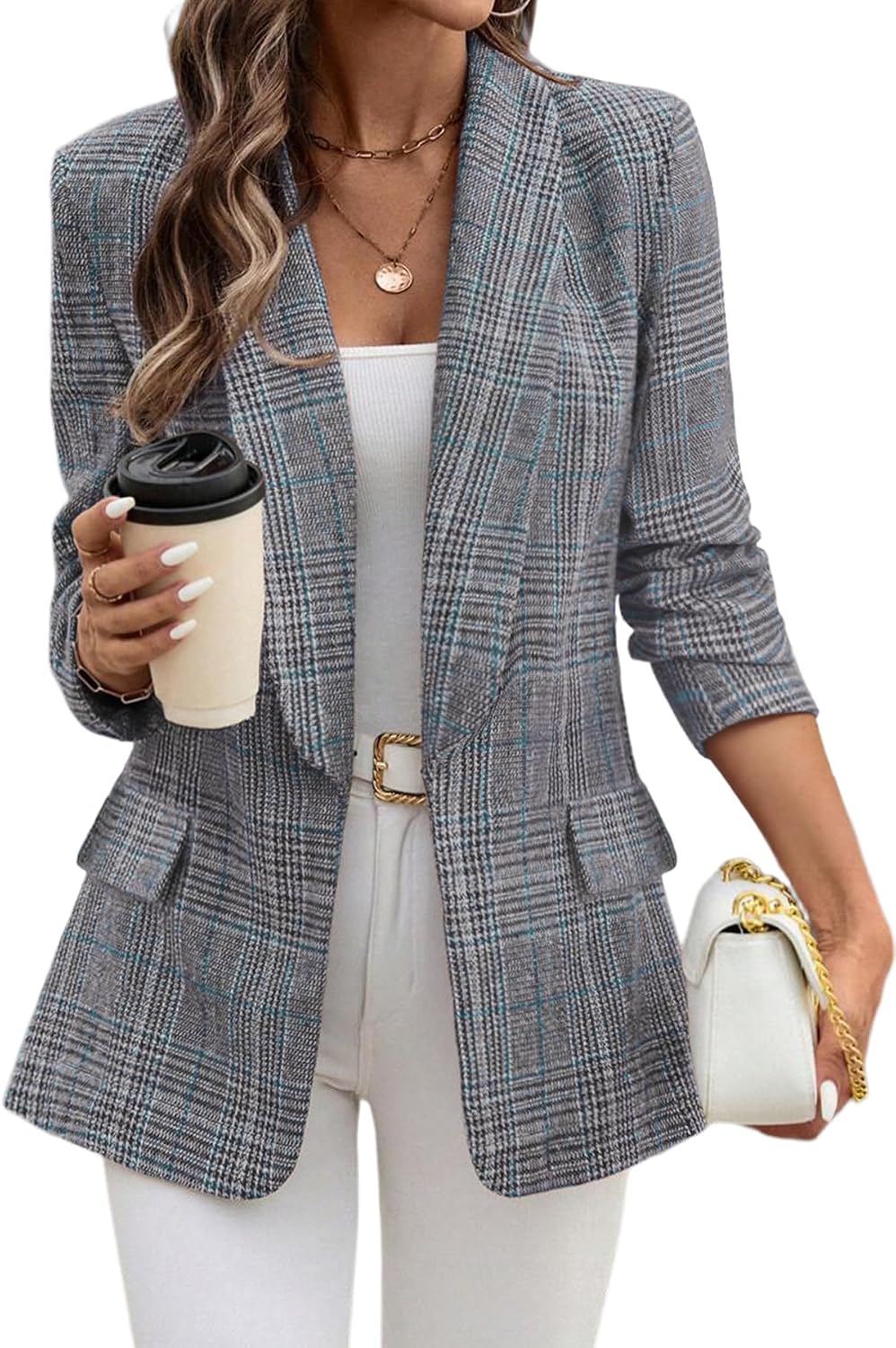 ELLEVEN Women's Shawl Collar Plaid Blazer