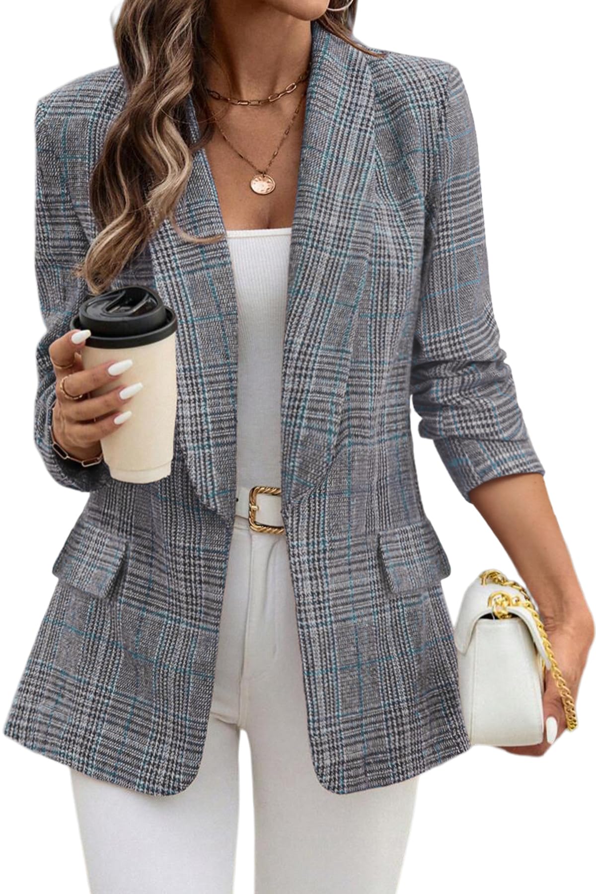 ELLEVEN Women's Shawl Collar Plaid Blazer