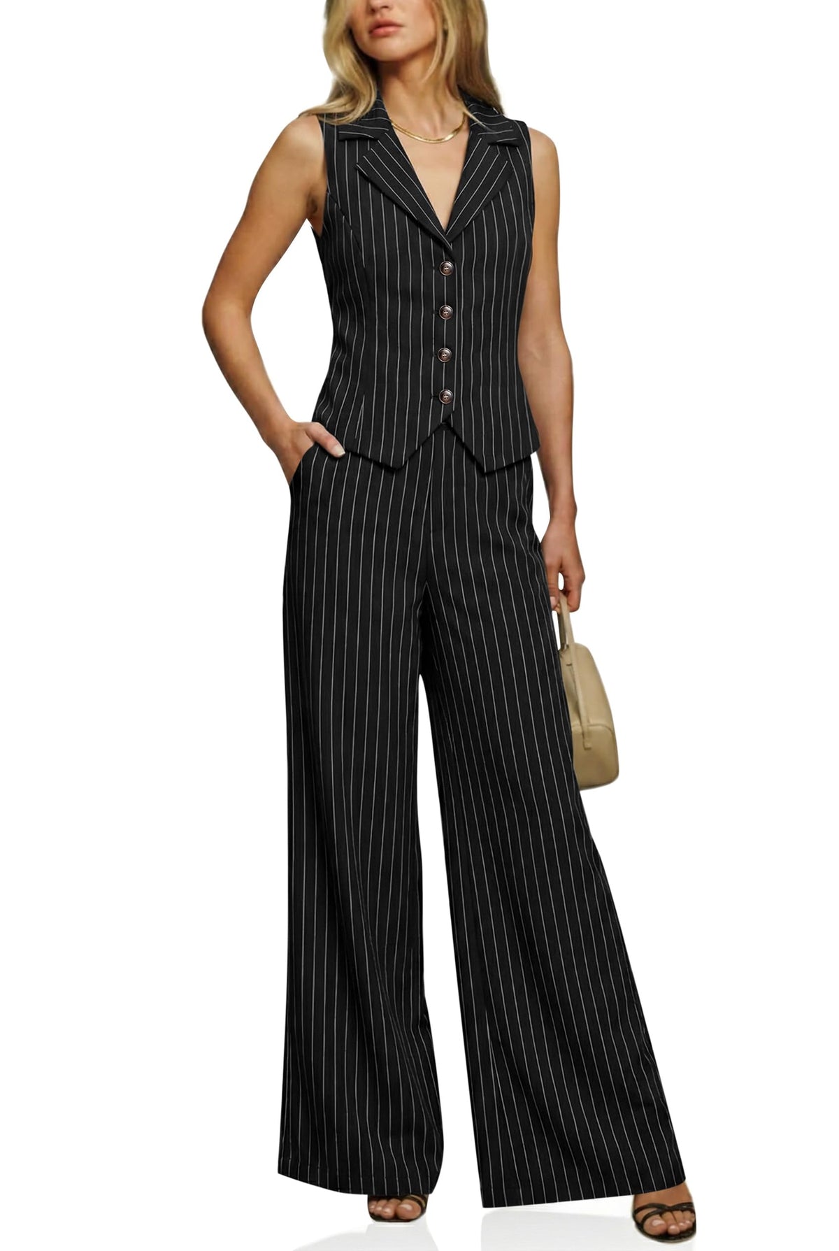 Cicy Bell Womens Vest Sets Button Crop Blazer Vest and Wide Leg Pant Suits