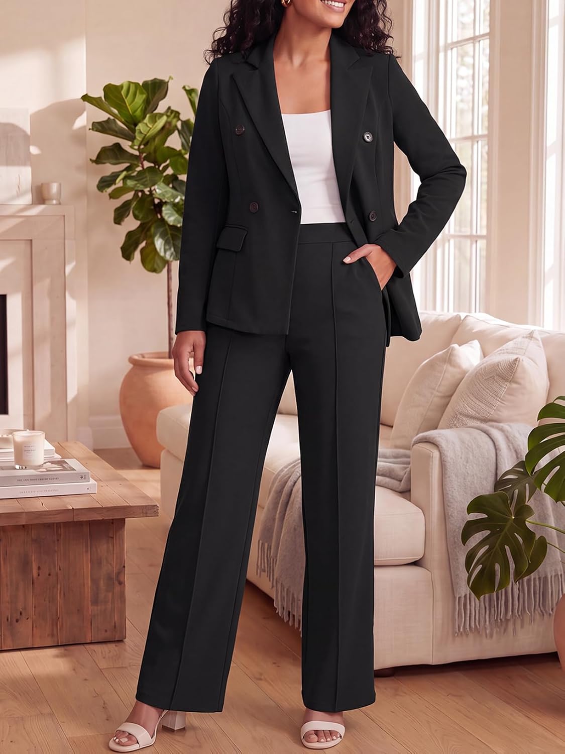 Ophestin Women's 2 Piece Suits Double Breasted Blazer Pants Suits Set