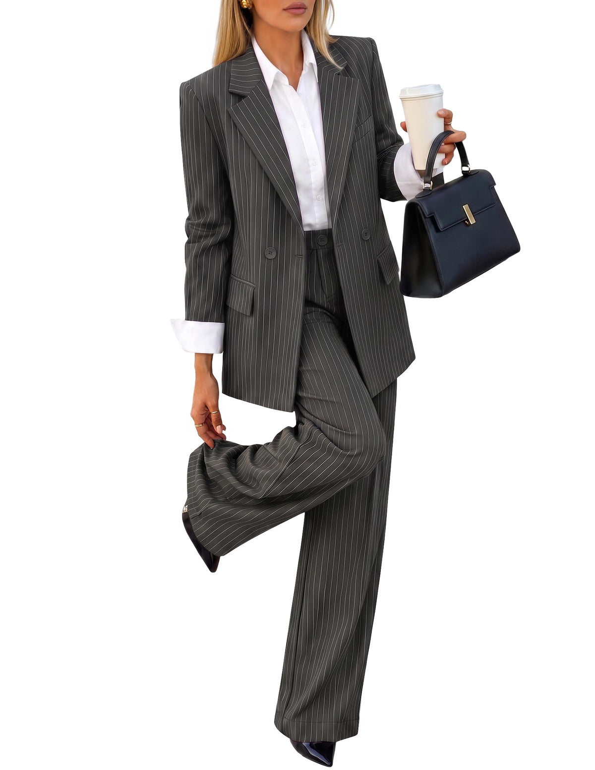 ZESICA Women's 2 Piece Striped Suit Sets Business Casual Outfits