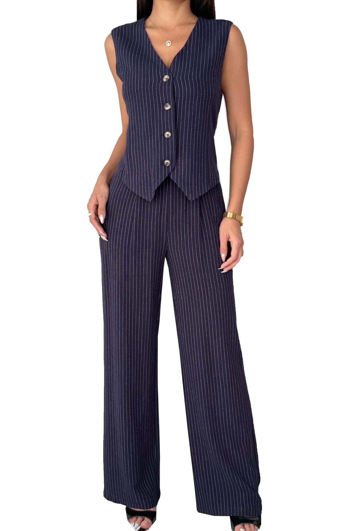 Women's 2 Piece Outfits Linen Vest Waistcoat Dressy Casual Sets Wide Leg Pants Suits