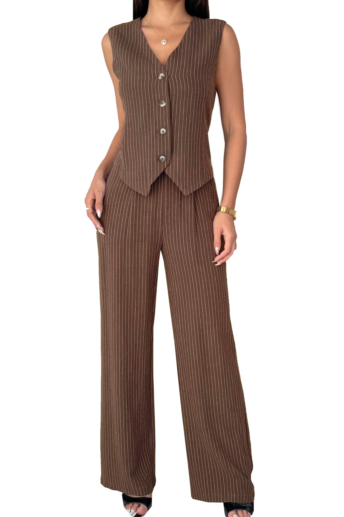 Women's 2 Piece Outfits Linen Vest Waistcoat Dressy Casual Sets Wide Leg Pants Suits