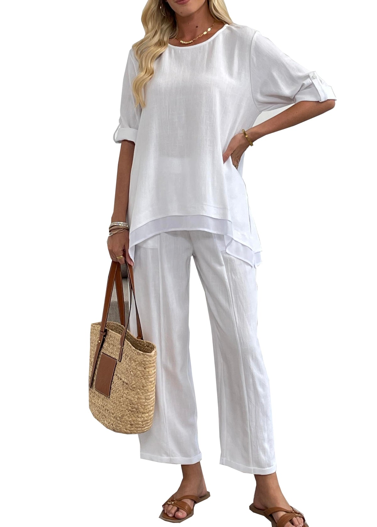 Women's Linen 2 Piece Outfits Rolled Sleeves Tops Wide Leg Trouser Pants Suits Summer Casual Dressy Linen Sets