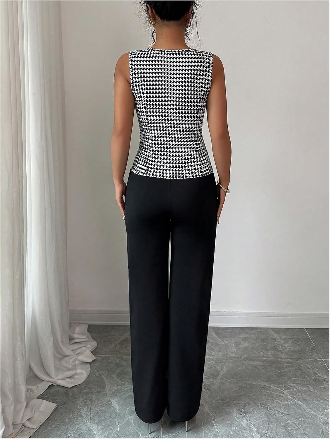 SOLY HUX Women's 2 Piece Plaid Houndstooth Sleeveless Vest Pants Set