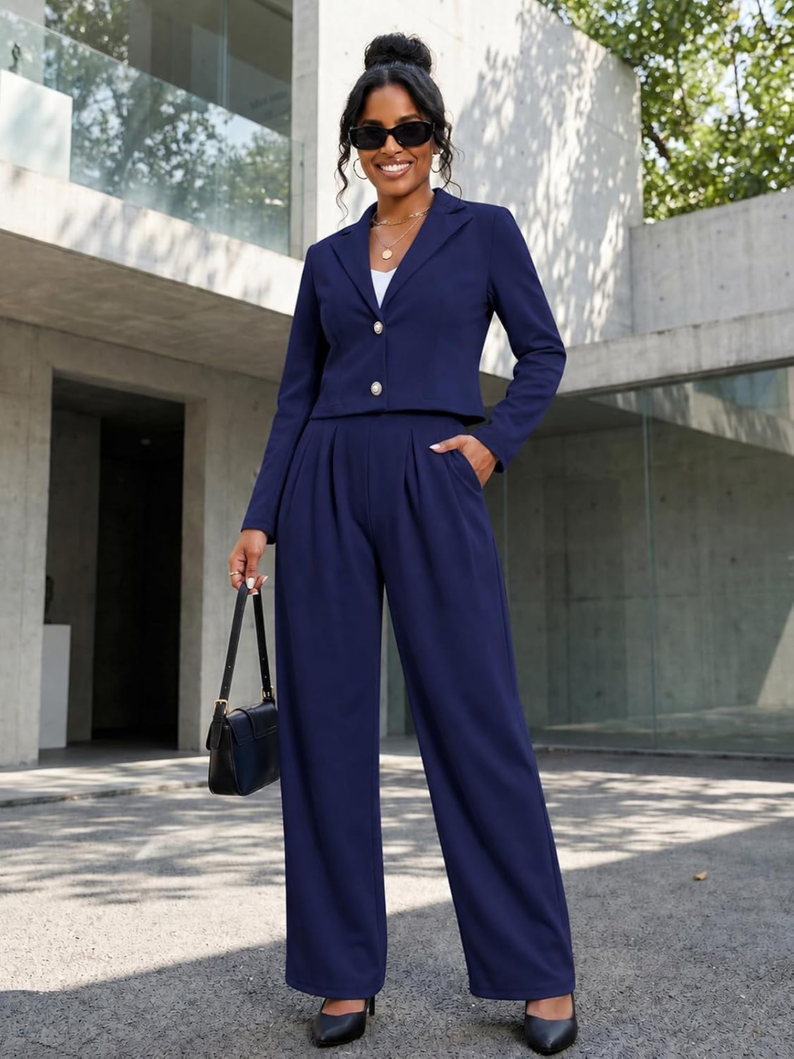 Pant Suits for Women Dressy 2 Piece Cropped Blazer Pant Set