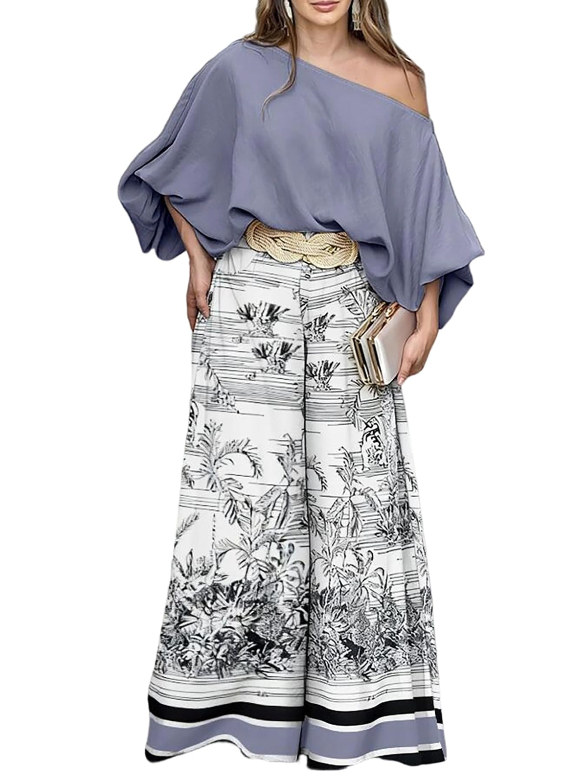 CHICME Women 2 Piece Summer Outfit Off Shoulder Flowy Wide Leg Pants Set