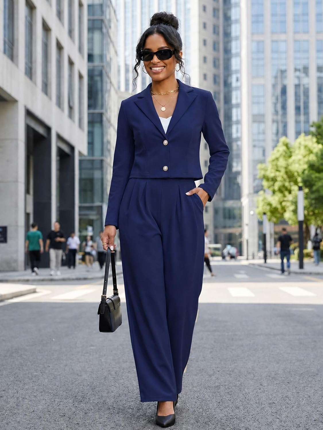 Pant Suits for Women Dressy 2 Piece Cropped Blazer Pant Set