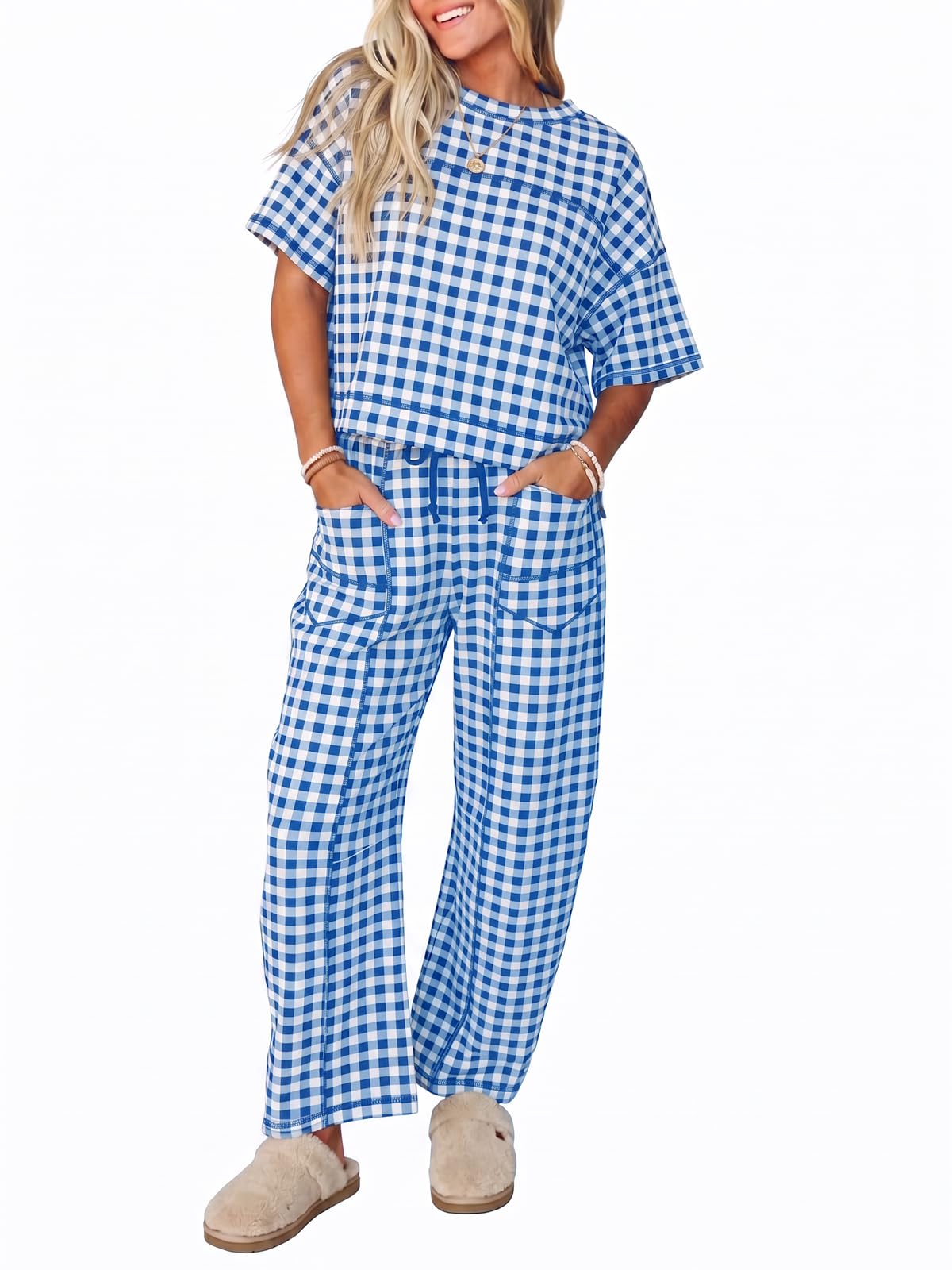 Fisoew Womens 2 Piece Outfits Lounge Sets Short Sleeve Tops and Wide Leg Pants Travel Vacation Casual Matching Sets