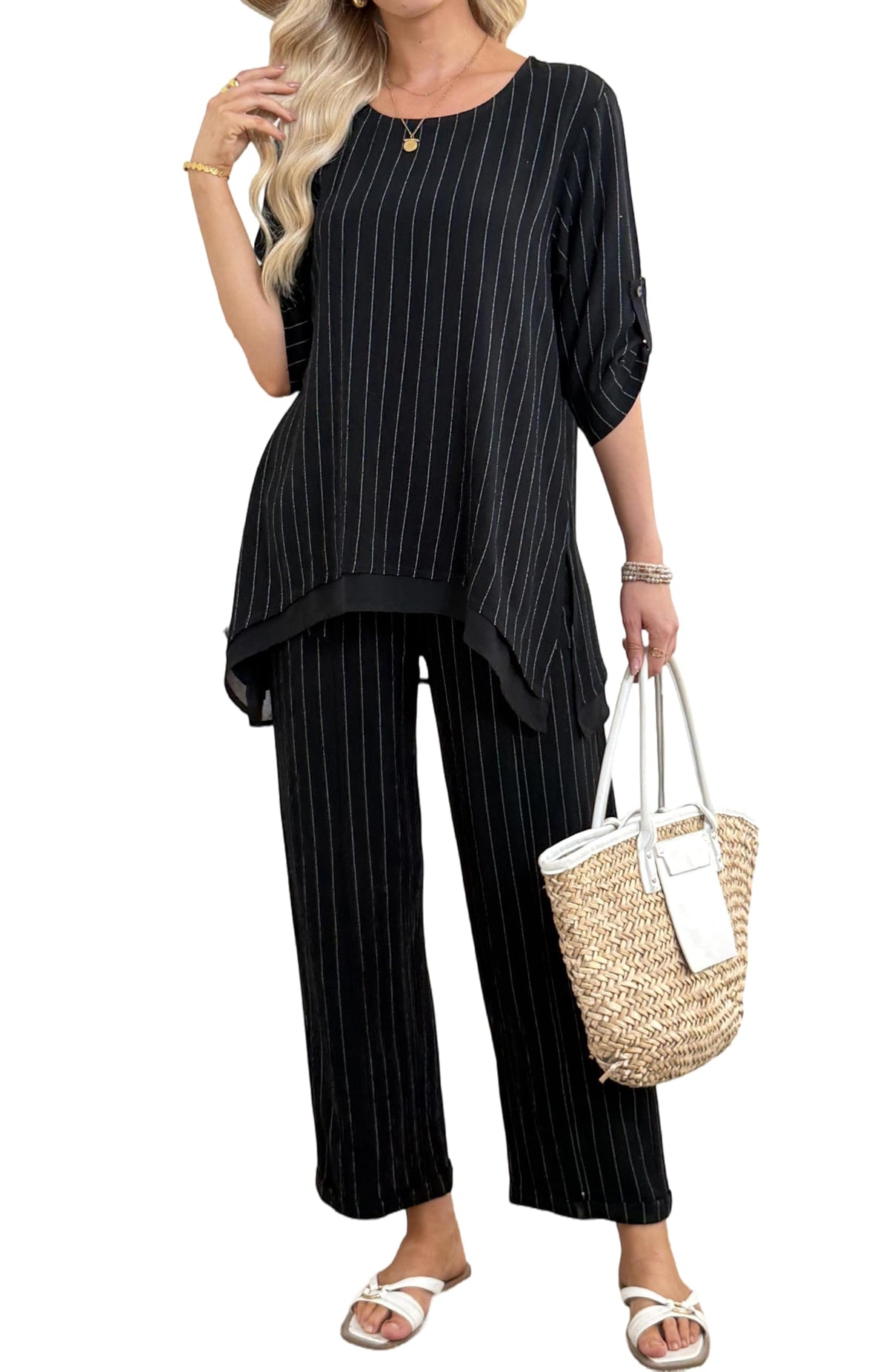 Women's Linen 2 Piece Outfits Rolled Sleeves Tops Wide Leg Trouser Pants Suits Summer Casual Dressy Linen Sets
