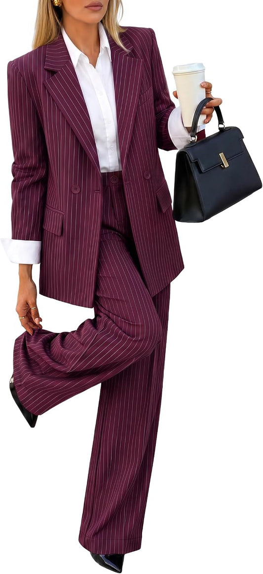 ZESICA Women's 2 Piece Striped Suit Sets Business Casual Outfits