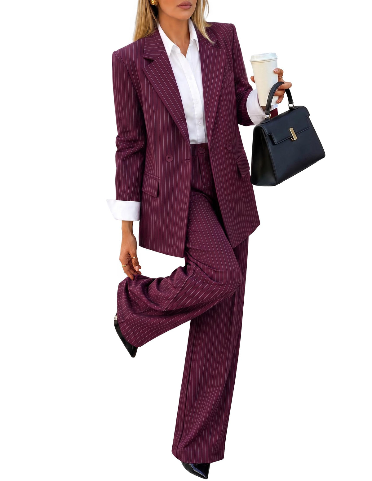 ZESICA Women's 2 Piece Striped Suit Sets Business Casual Outfits