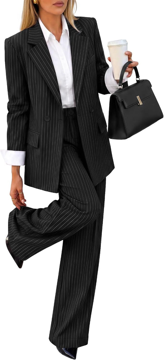 ZESICA Women's 2 Piece Striped Suit Sets Business Casual Outfits