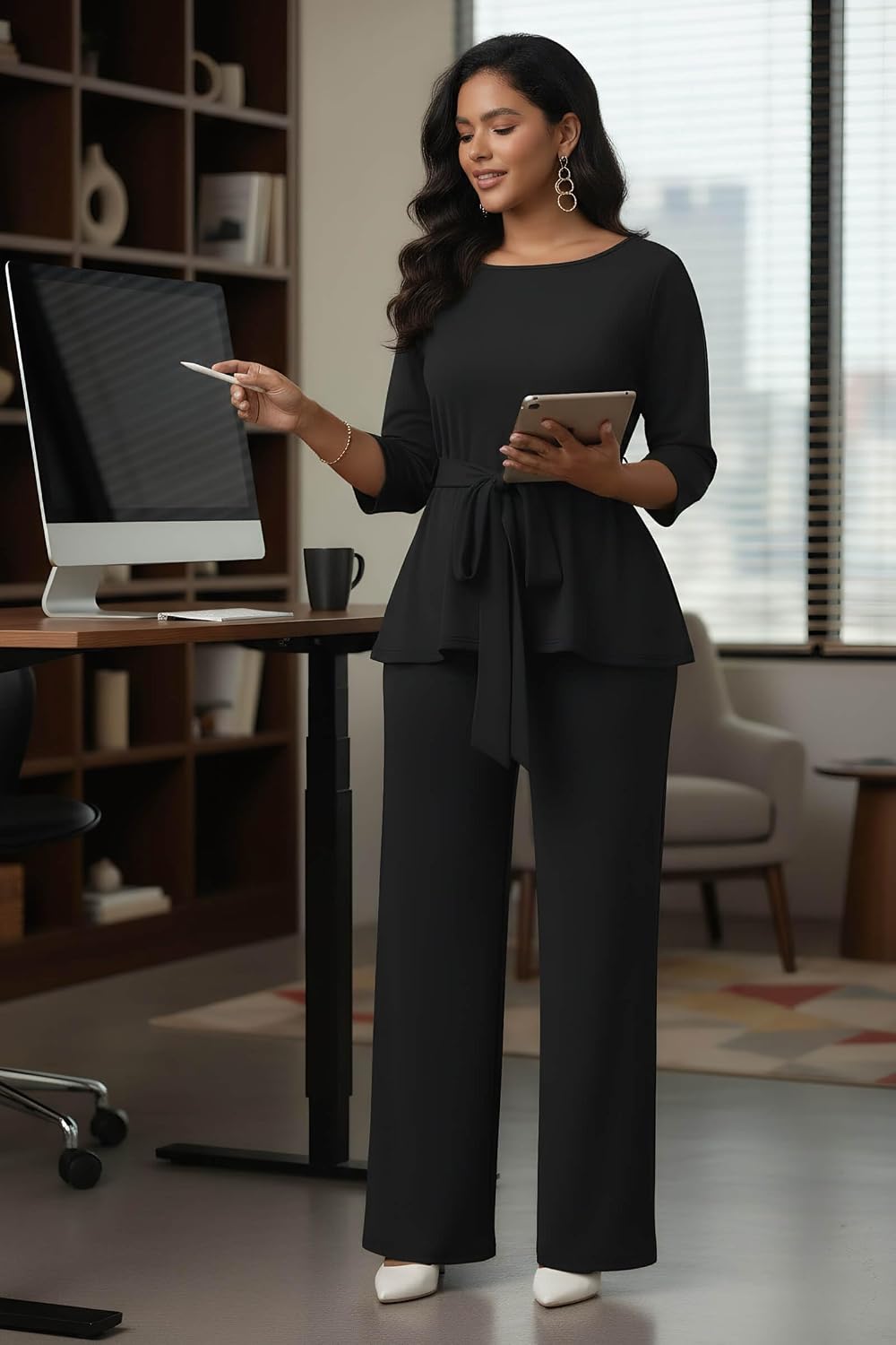 CLOCOR Women 2 Piece Outfits Suit Business Pants Set Peplum Top Flared