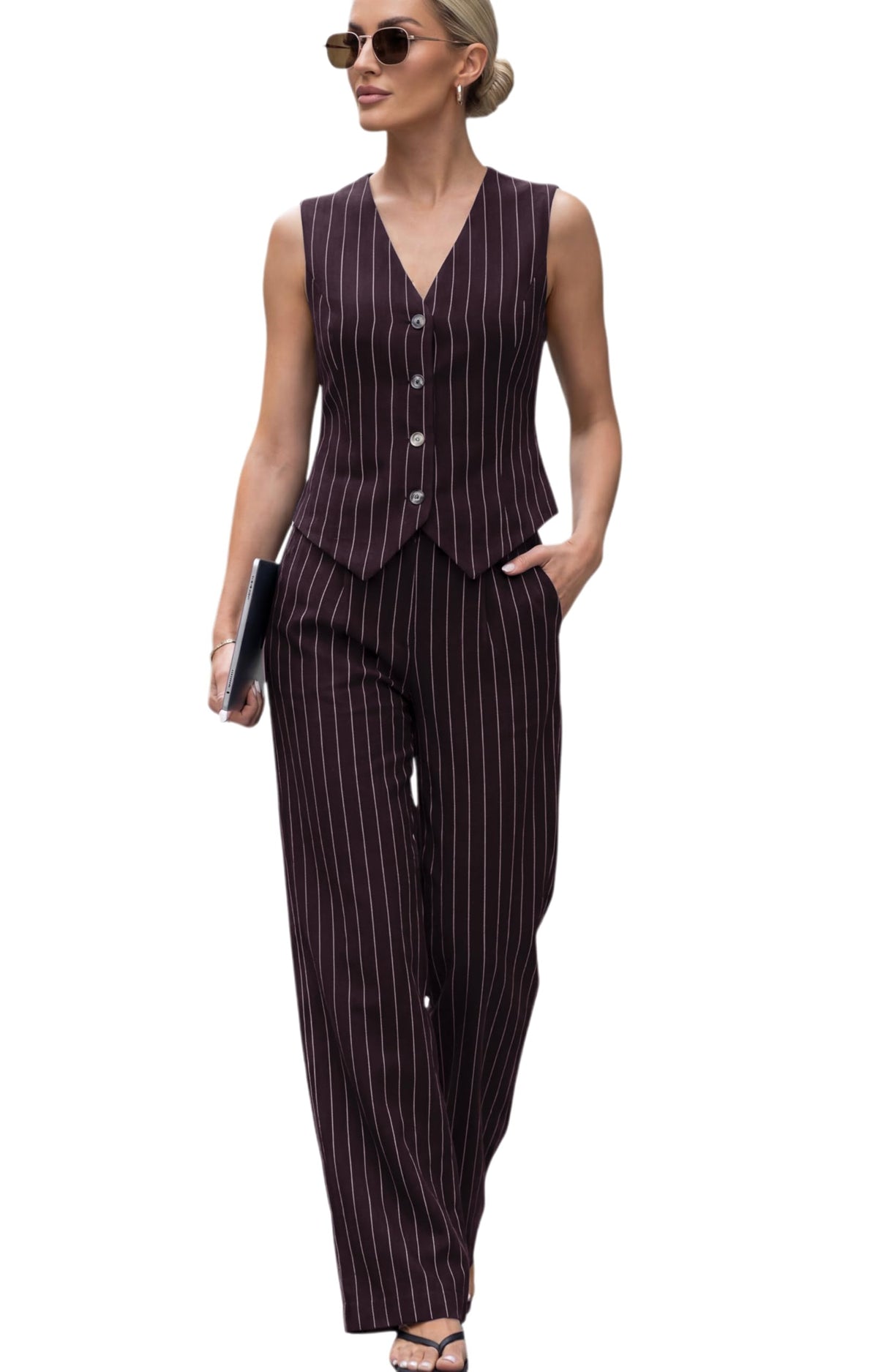Women's 2 Piece Outfits Linen Vest Waistcoat Dressy Casual Sets Wide Leg Pants Suits
