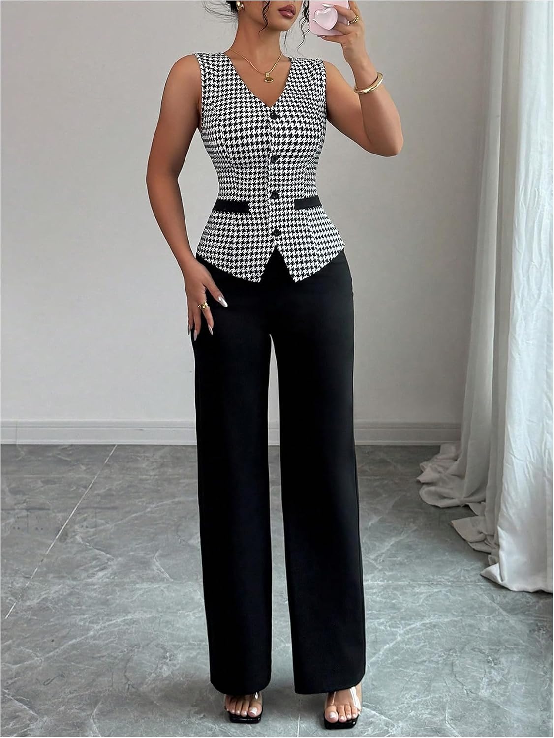 SOLY HUX Women's 2 Piece Plaid Houndstooth Sleeveless Vest Pants Set