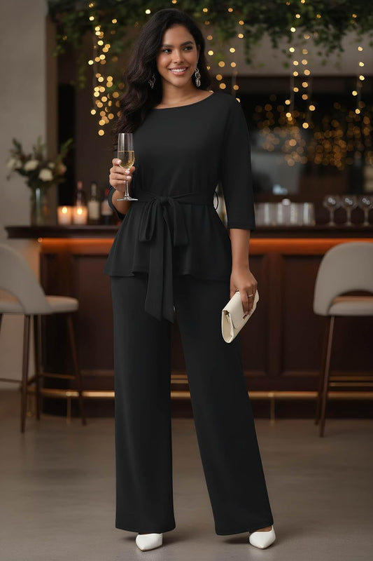 CLOCOR Women 2 Piece Outfits Suit Business Pants Set Peplum Top Flared