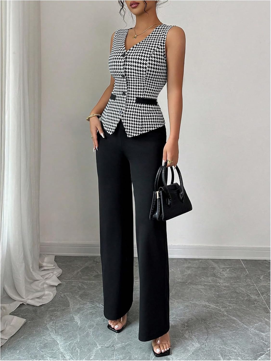 SOLY HUX Women's 2 Piece Plaid Houndstooth Sleeveless Vest Pants Set