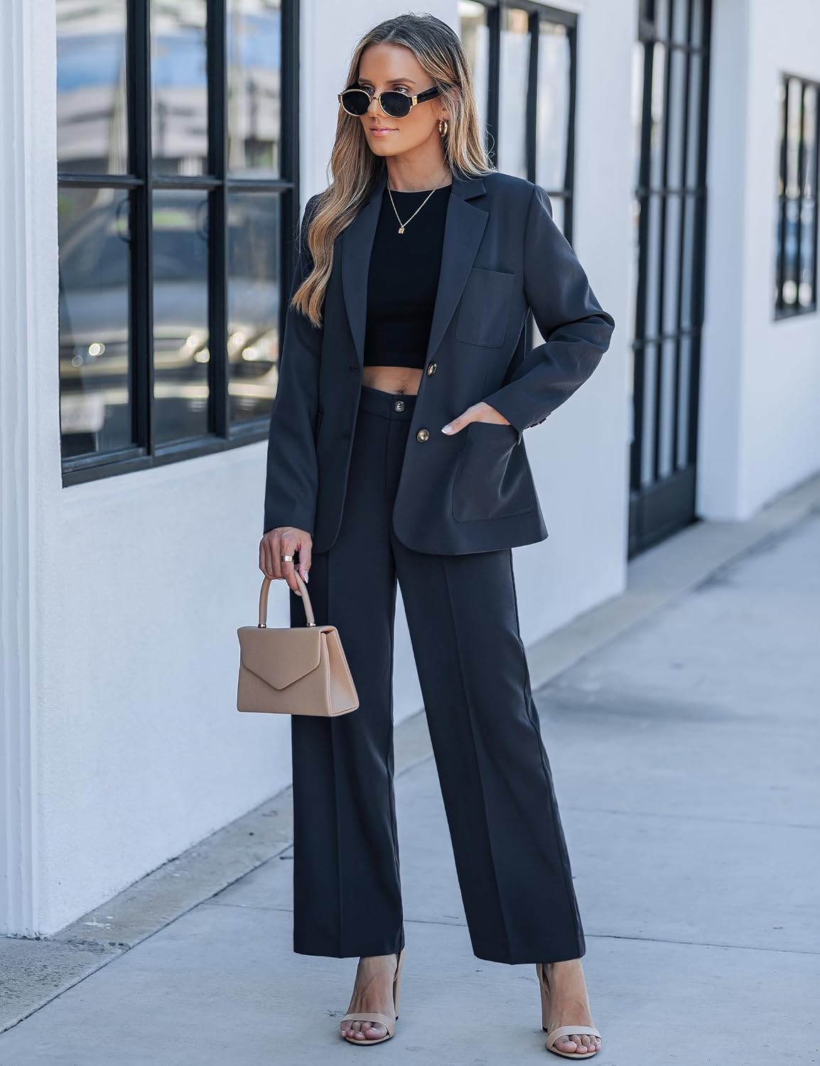 luvamia Pants Suits for Women Dressy 2 Piece Set Business Casual Outfit Professional Long Sleeve Office Work Blazer Sets
