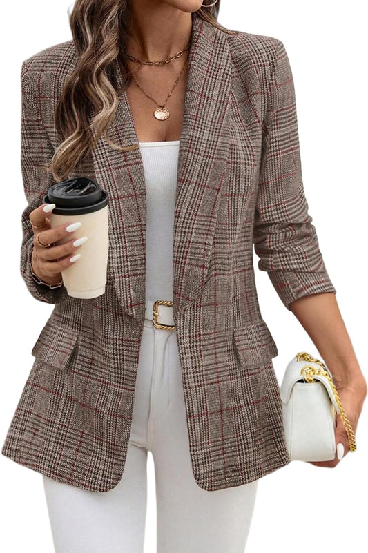 ELLEVEN Women's Shawl Collar Plaid Blazer