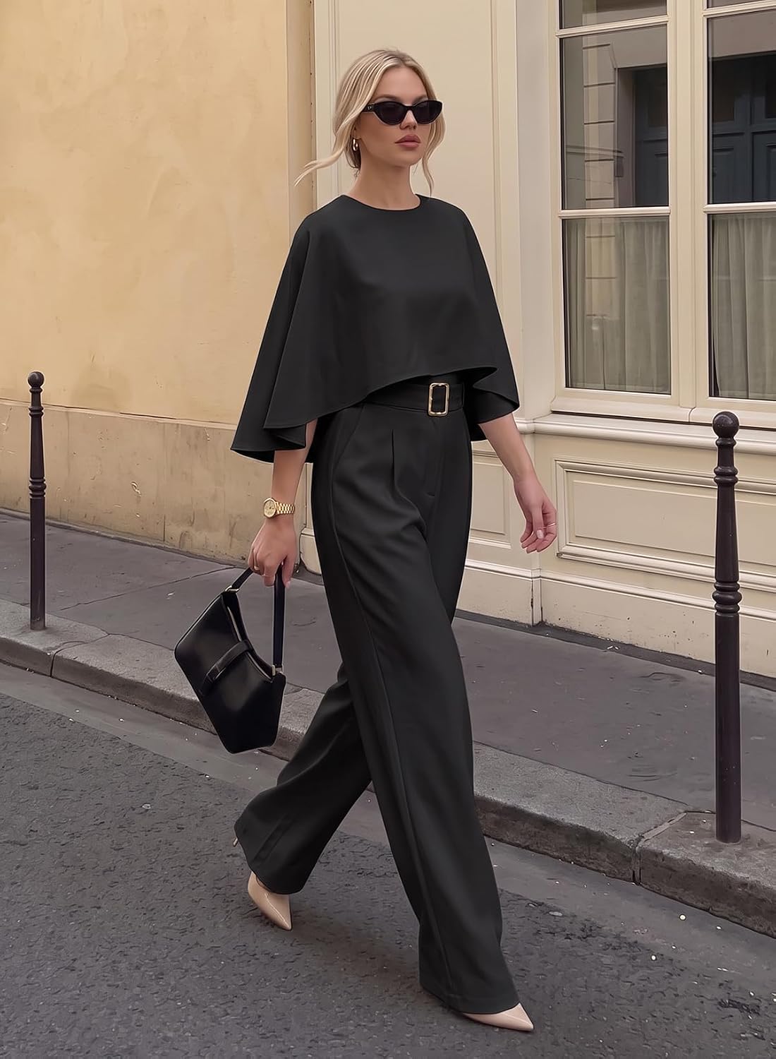 Pink Queen Dressy Jumpsuits For Women Elegant Cape Sleeve Wide Leg Romper