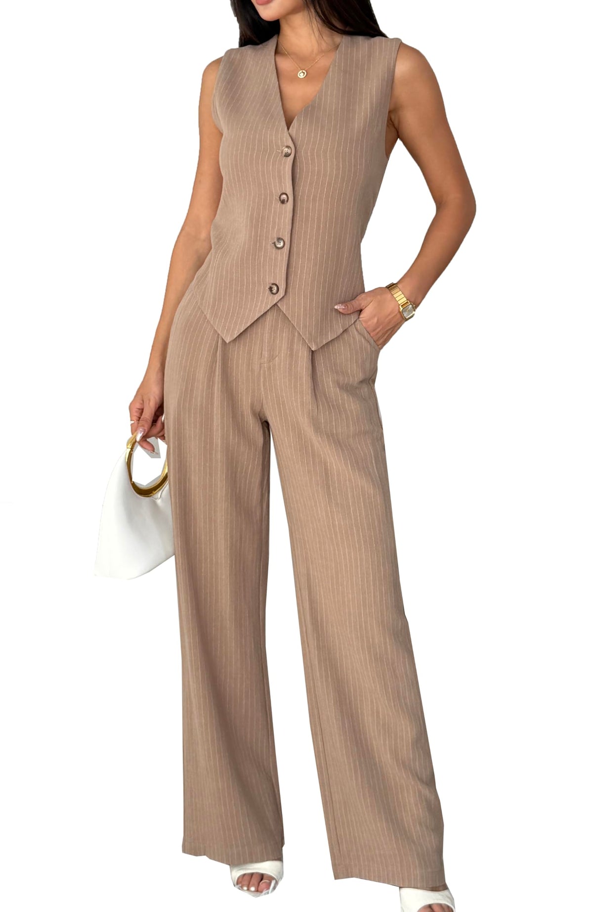 Women's 2 Piece Outfits Linen Vest Waistcoat Dressy Casual Sets Wide Leg Pants Suits