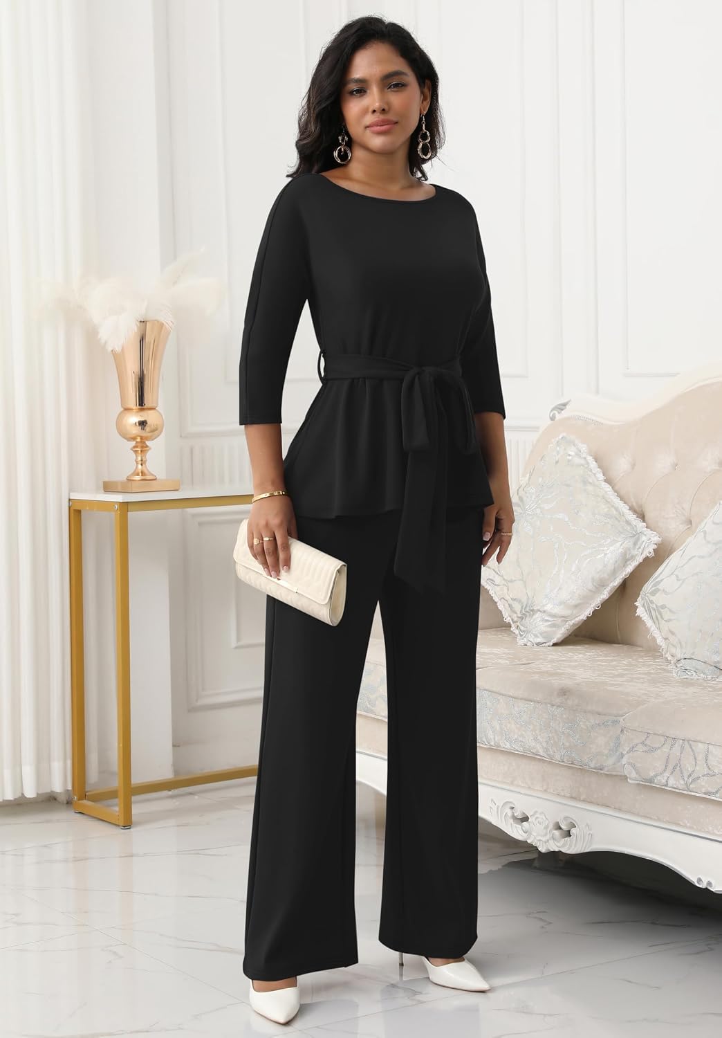 CLOCOR Women 2 Piece Outfits Suit Business Pants Set Peplum Top Flared