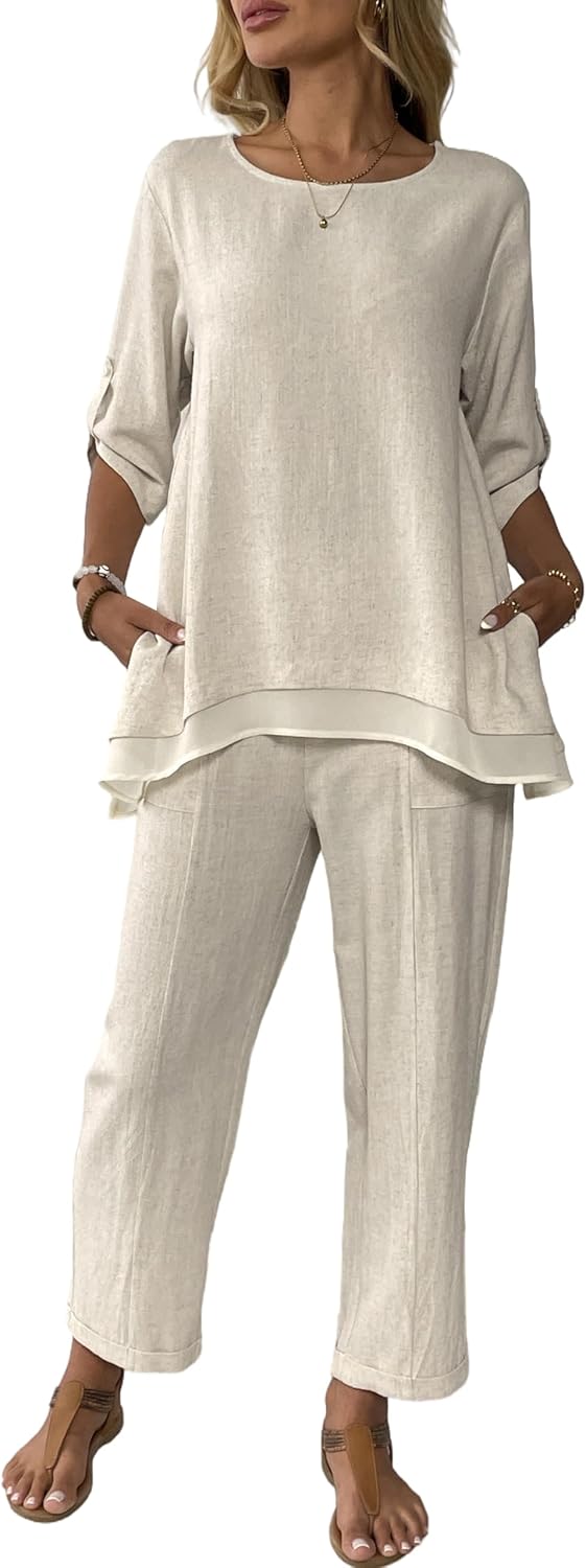 Women's Linen 2 Piece Outfits Rolled Sleeves Tops Wide Leg Trouser Pants Suits Summer Casual Dressy Linen Sets