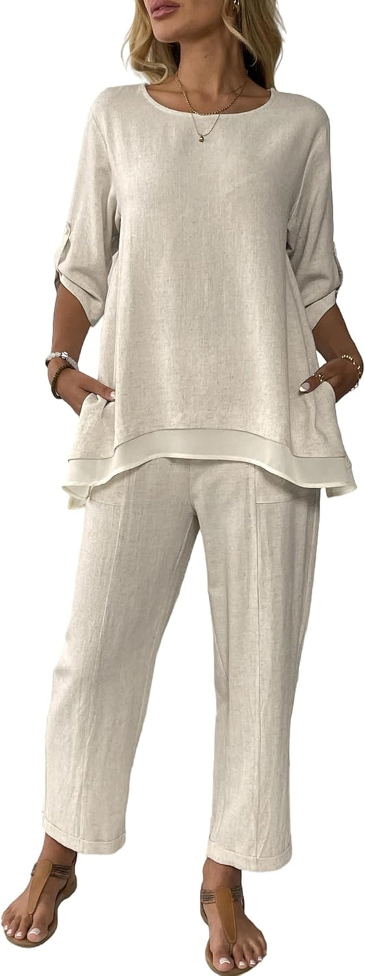 Women's Linen 2 Piece Outfits Rolled Sleeves Tops Wide Leg Trouser Pants Suits Summer Casual Dressy Linen Sets