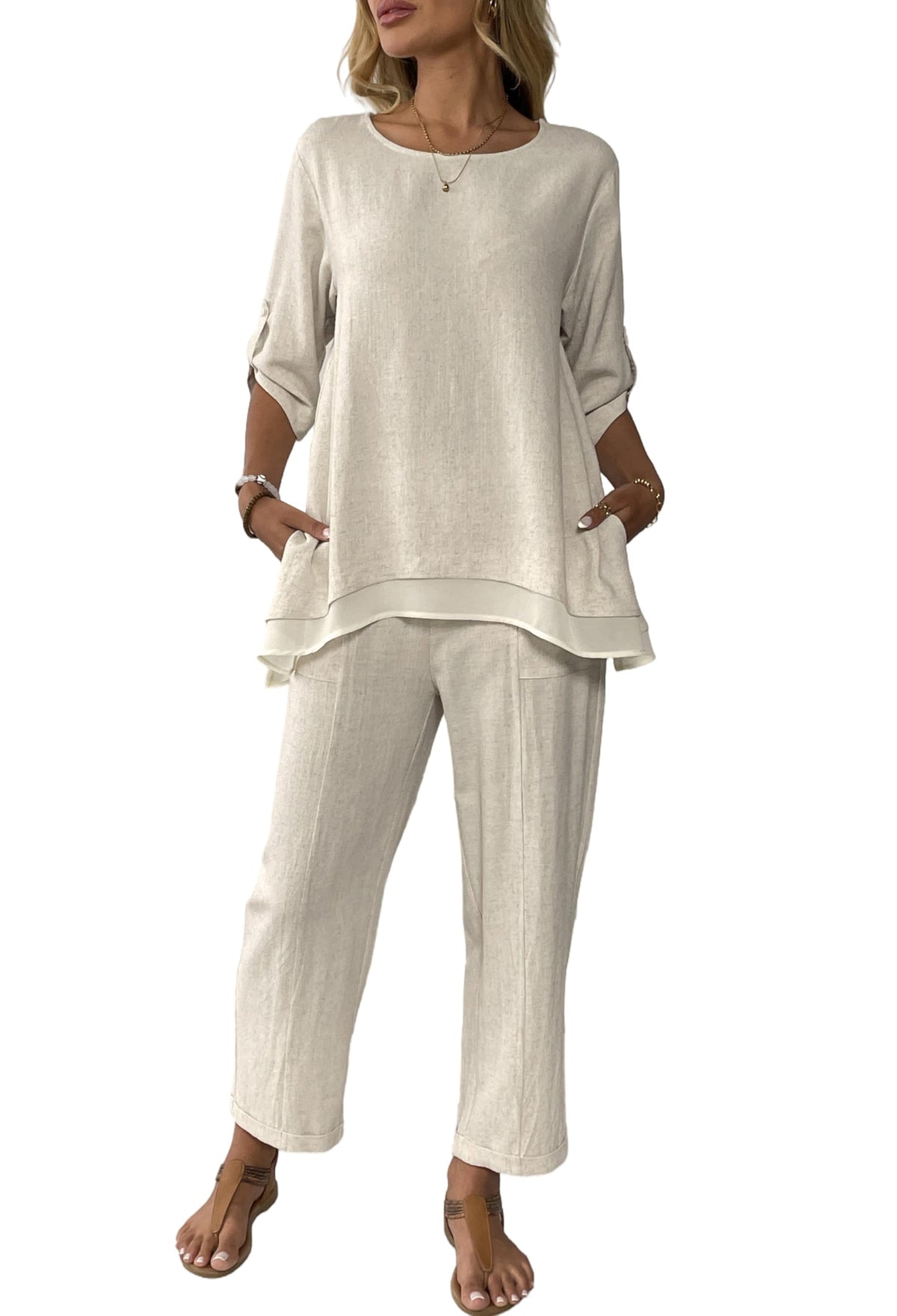 Women's Linen 2 Piece Outfits Rolled Sleeves Tops Wide Leg Trouser Pants Suits Summer Casual Dressy Linen Sets