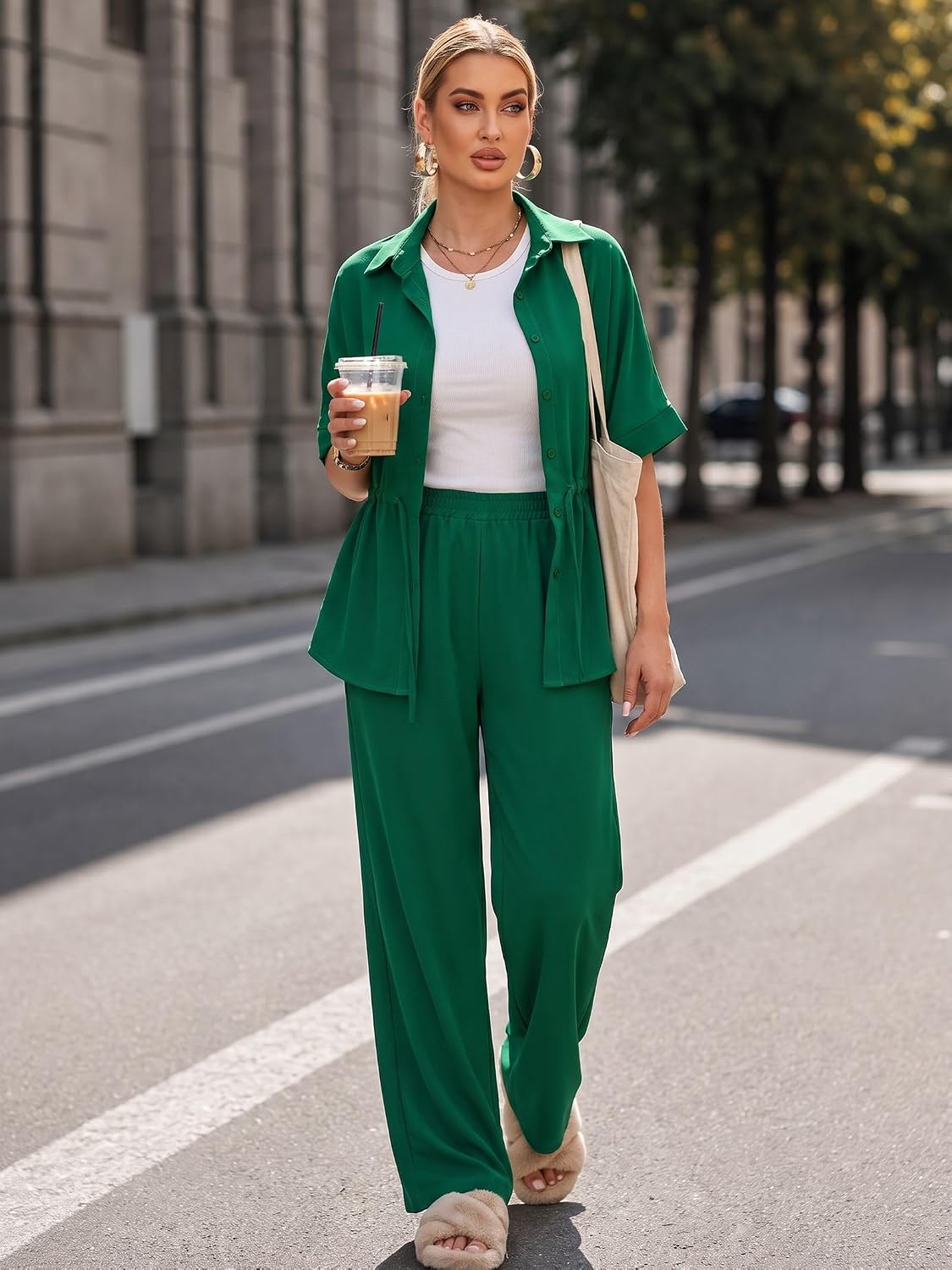 Two Piece Sets for Women Dressy Shirt Top Flared Pants Business Pantsuits