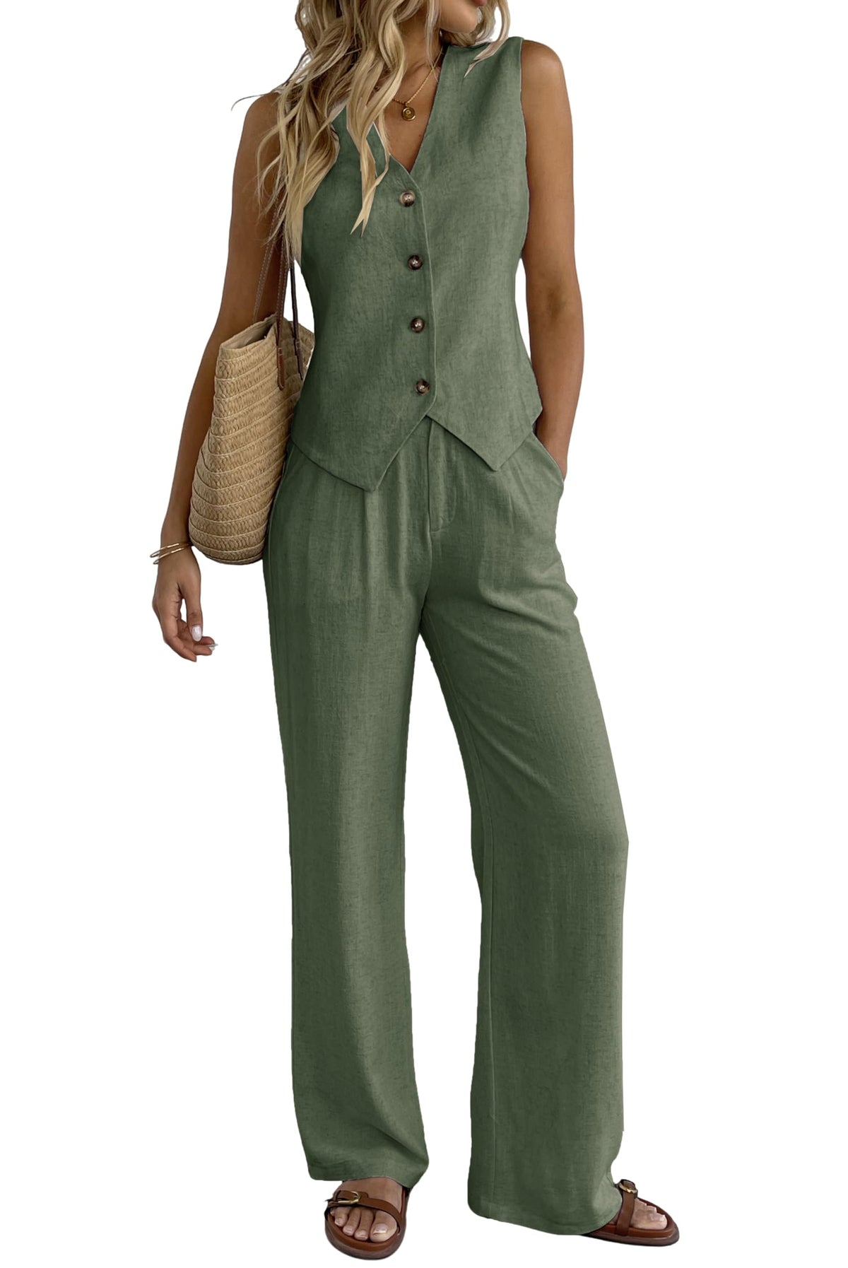 Women's 2 Piece Outfits Linen Vest Waistcoat Dressy Casual Sets Wide Leg Pants Suits