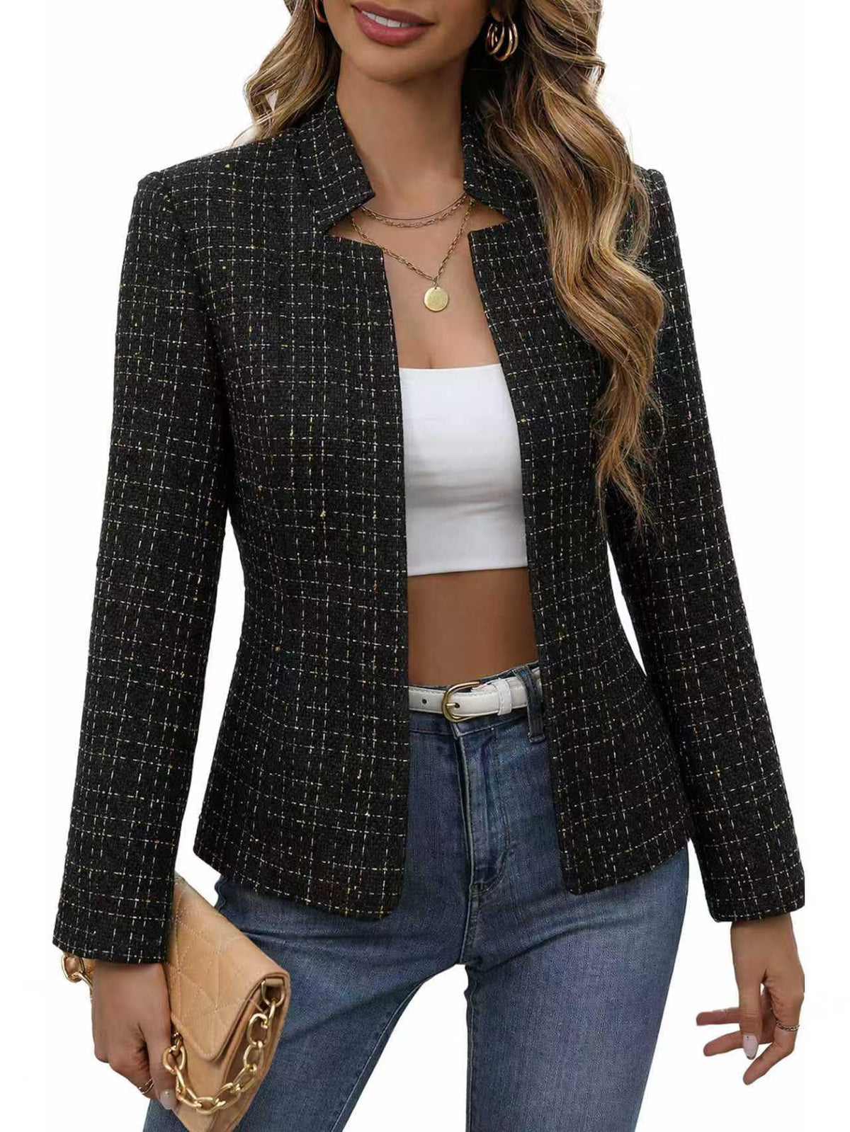 Mina Self 2026 Fall Women's Open Front Tweed Blazer,Plaid Fitted Jacket