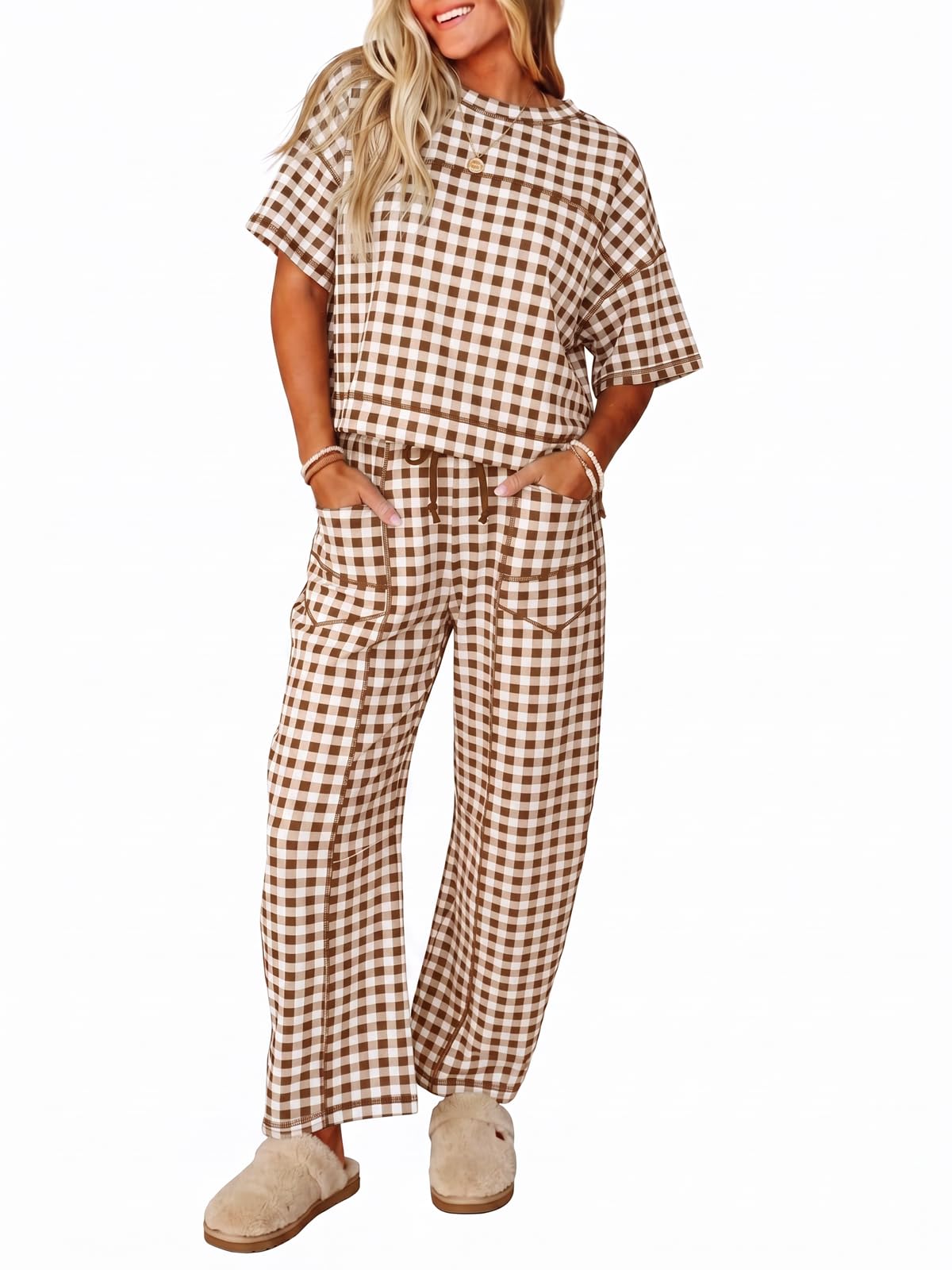 Fisoew Womens 2 Piece Outfits Lounge Sets Short Sleeve Tops and Wide Leg Pants Travel Vacation Casual Matching Sets