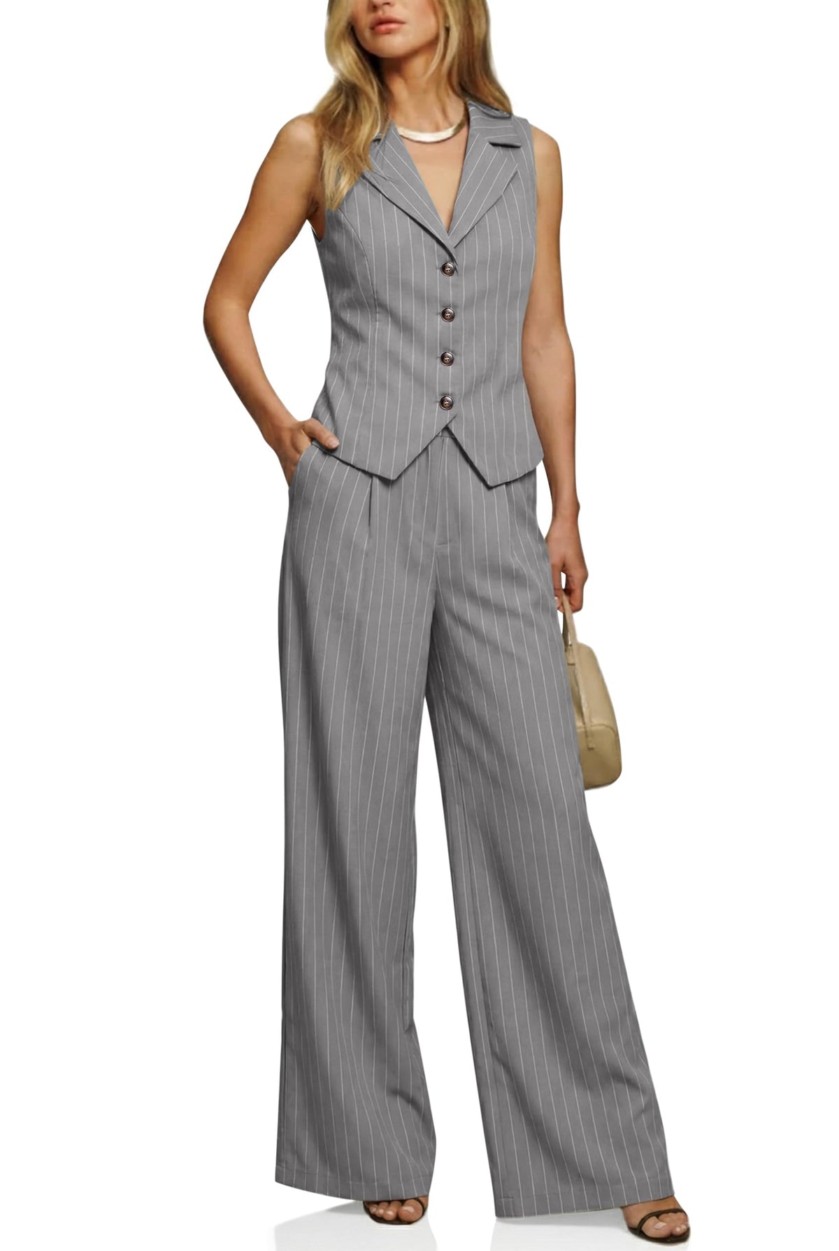 Cicy Bell Womens Vest Sets Button Crop Blazer Vest and Wide Leg Pant Suits